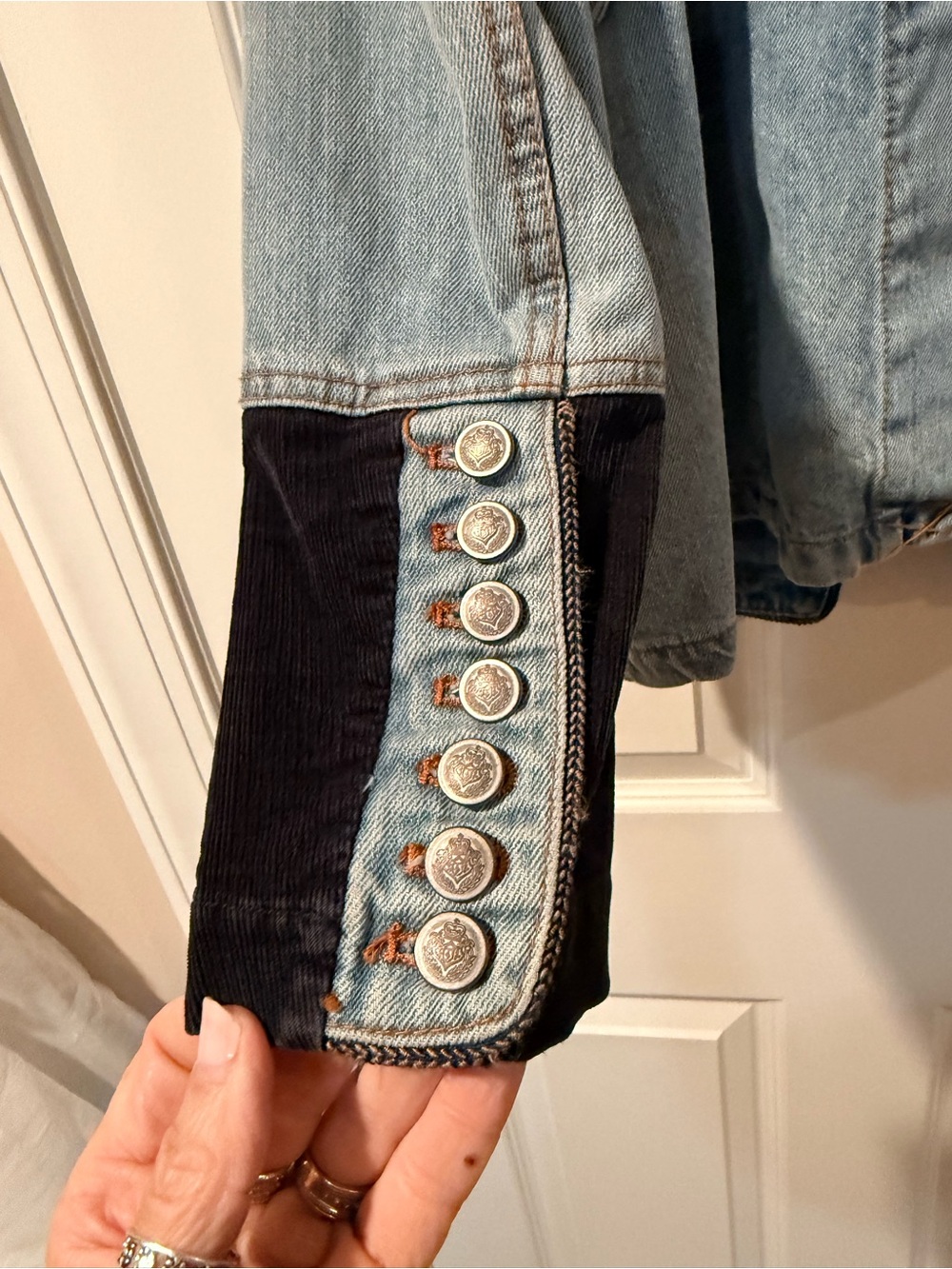 Free People Light Blue Denim Military Jacket with Black Trim - Picture 3 of 5